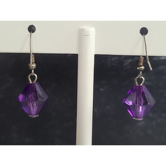 Silver Tone Metal Purple Beaded Dangling Pierced Earrings Vintage - Picture 5 of 10